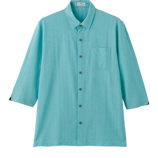 麻混ワンタッチテープ7分袖ニットシャツ グリーン Ｍ/L/LL