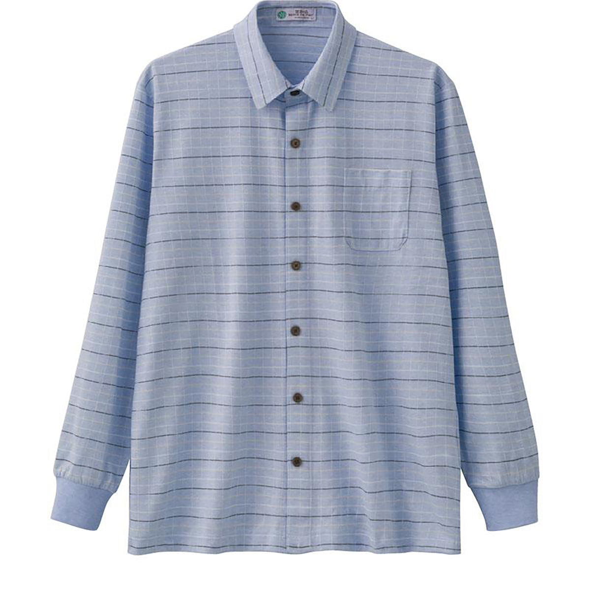 麻混スナップ釦ニットシャツ サックス Ｍ/L/LL