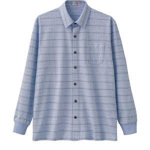 麻混スナップ釦ニットシャツ サックス Ｍ/L/LL