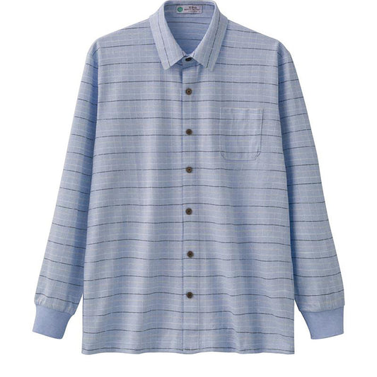 麻混スナップ釦ニットシャツ サックス Ｍ/L/LL