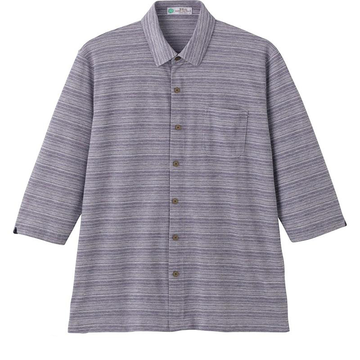 麻混スナップ釦7分袖ニットシャツ ネイビー Ｍ/L/LL