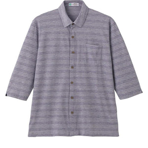 麻混スナップ釦7分袖ニットシャツ ネイビー Ｍ/L/LL