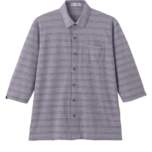 麻混スナップ釦7分袖ニットシャツ ネイビー Ｍ/L/LL