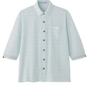 麻混スナップ釦7分袖ニットシャツ グリーン Ｍ/L/LL