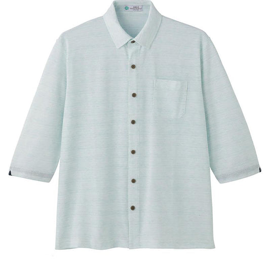 麻混スナップ釦7分袖ニットシャツ グリーン Ｍ/L/LL