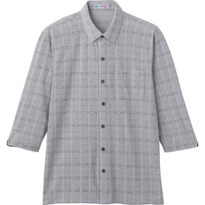 麻混スナップ釦7分袖ニットシャツ グレー Ｍ/L