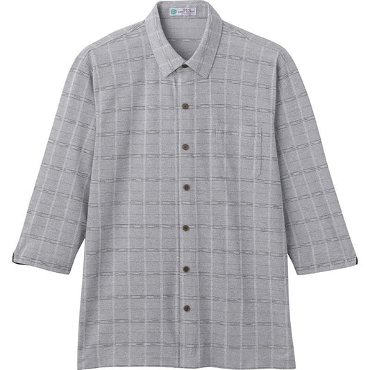 麻混スナップ釦7分袖ニットシャツ グレー Ｍ/L