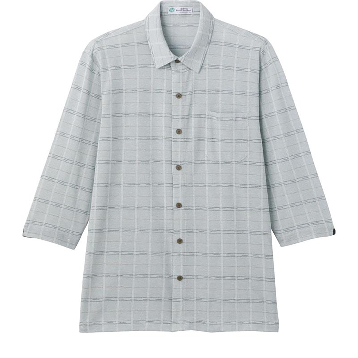 麻混スナップ釦7分袖ニットシャツ グリーン Ｍ/L