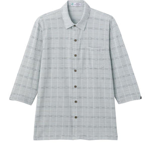 麻混スナップ釦7分袖ニットシャツ グリーン Ｍ/L