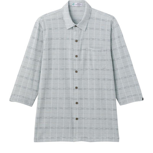 麻混スナップ釦7分袖ニットシャツ グリーン Ｍ/L
