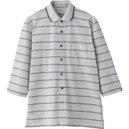 麻混前開き7分袖ポロシャツ グレー Ｍ/L/LL