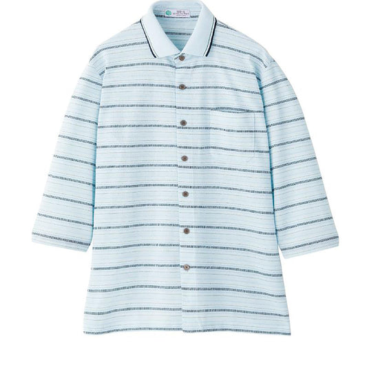 麻混前開き7分袖ポロシャツ スモークブルー Ｍ/L/LL