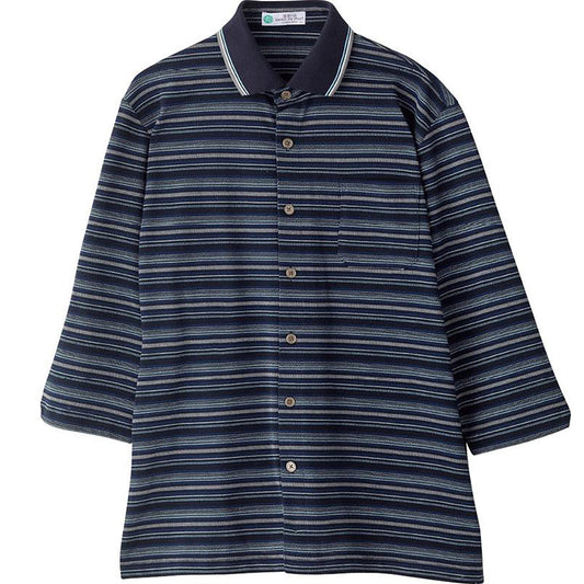 麻混前開き7分袖ポロシャツ ネイビー Ｍ/L/LL
