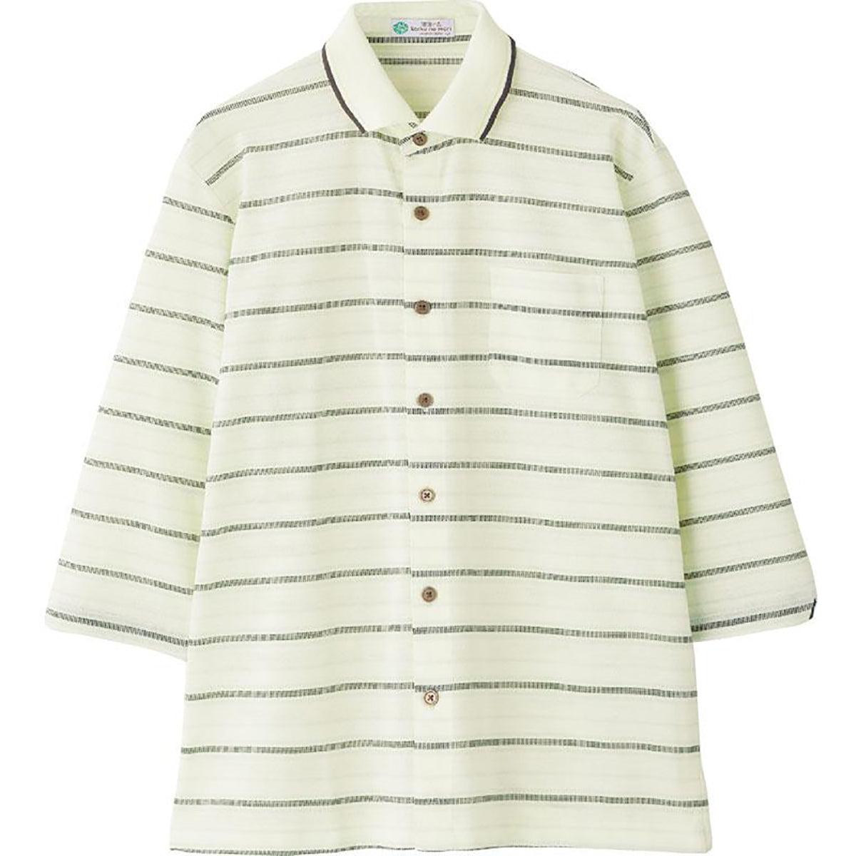 麻混前開き7分袖ポロシャツ グリーン Ｍ/L/LL