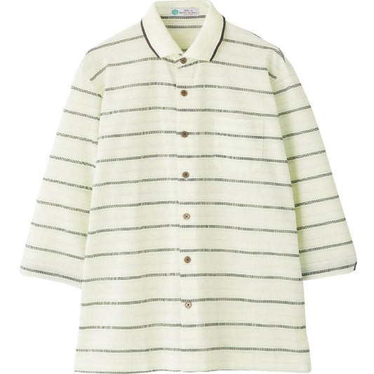 麻混前開き7分袖ポロシャツ グリーン Ｍ/L/LL