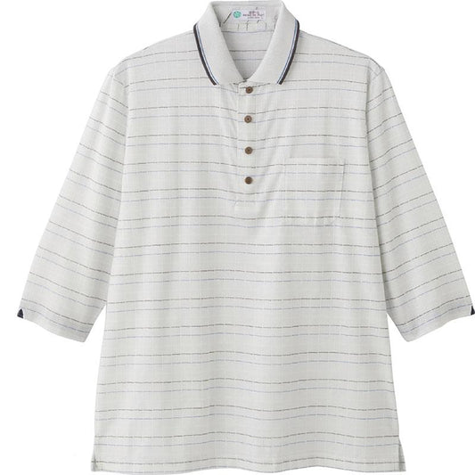 麻混スナップ釦7分袖ポロシャツ グレー Ｍ/L/LL
