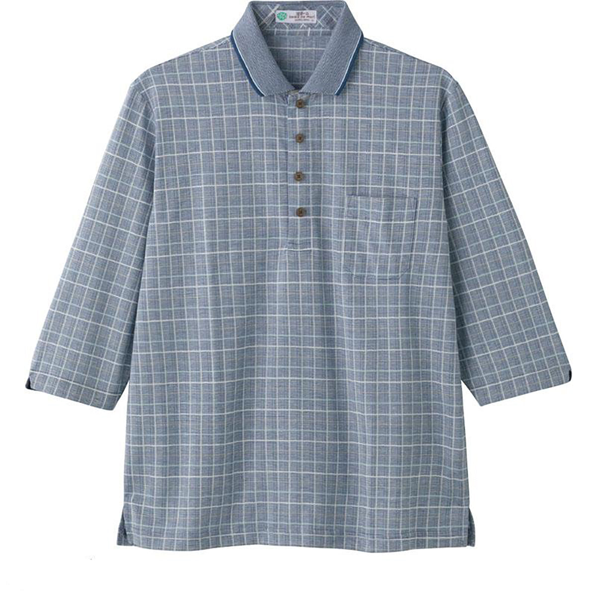 麻混スナップ釦7分袖ポロシャツ ネイビー Ｍ/L/LL