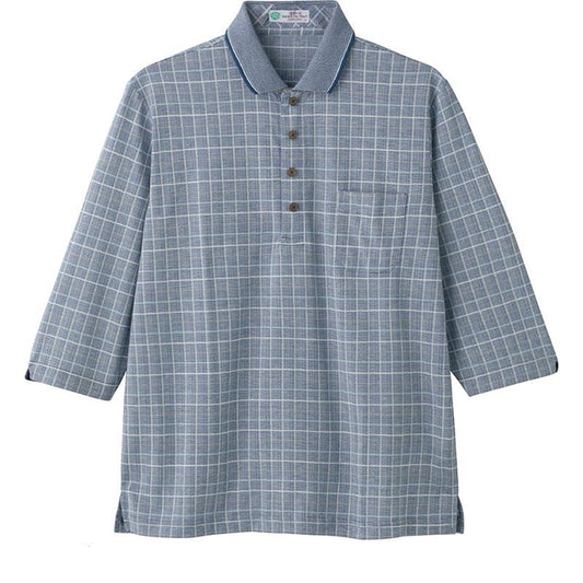 麻混スナップ釦7分袖ポロシャツ ネイビー Ｍ/L/LL