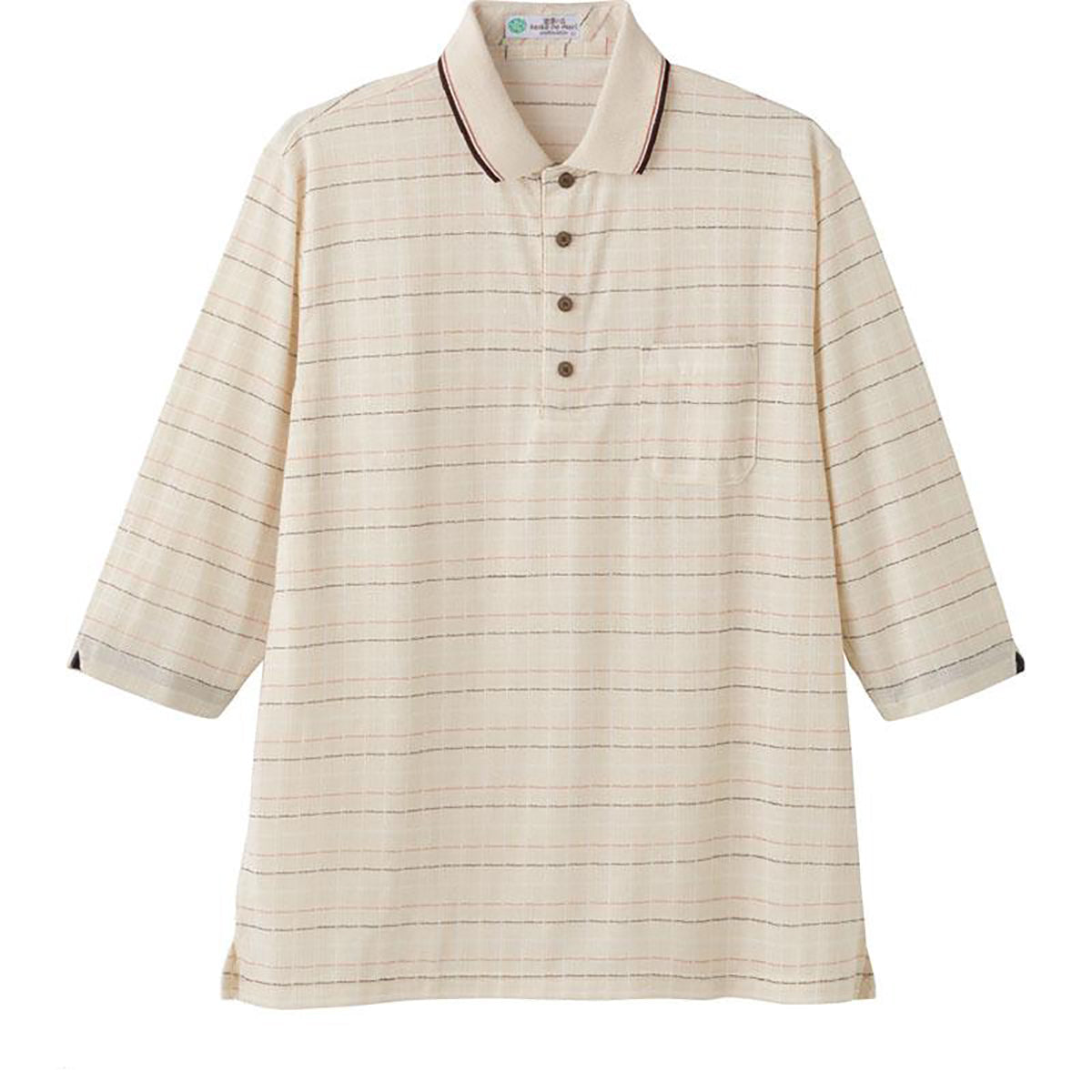麻混スナップ釦7分袖ポロシャツ ベージュ Ｍ/L/LL