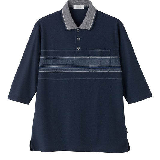 綿混カノコ7分袖ポロシャツ ネイビー Ｍ/L/LL