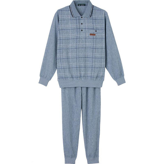 麻混楊柳ポロ衿上下スーツ サックス Ｍ/L/LL