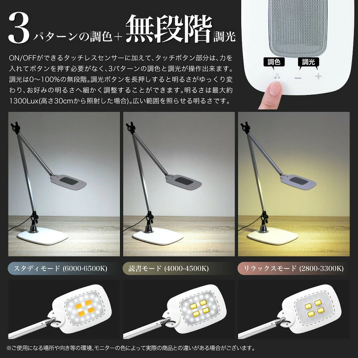 wasser LED デスクライト調色3色・無段階調光・センサー式 薄型ライト 目に優しい 学習用・読書用・オフィス照明 ホワイト