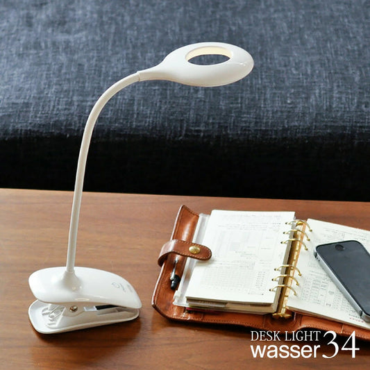wasser 充電式LEDクリップライト 無段階調光・目に優しい フレキシブルアーム 卓上＆クリップの2WAYライト ホワイト
