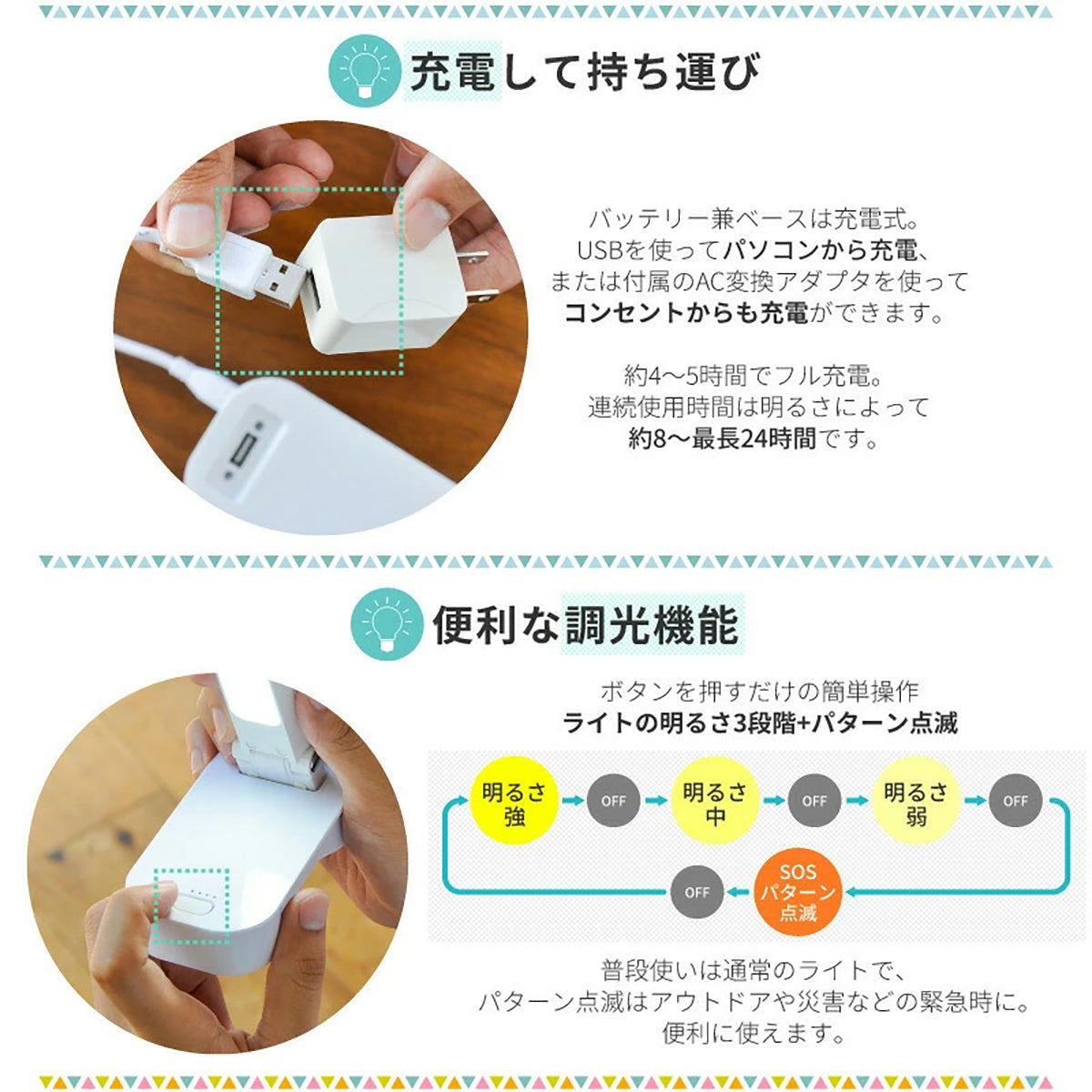 wasser 充電式3WAYミニライト 卓上・クリップ・懐中電灯 LED調光 コードレス防災ライト グリーン