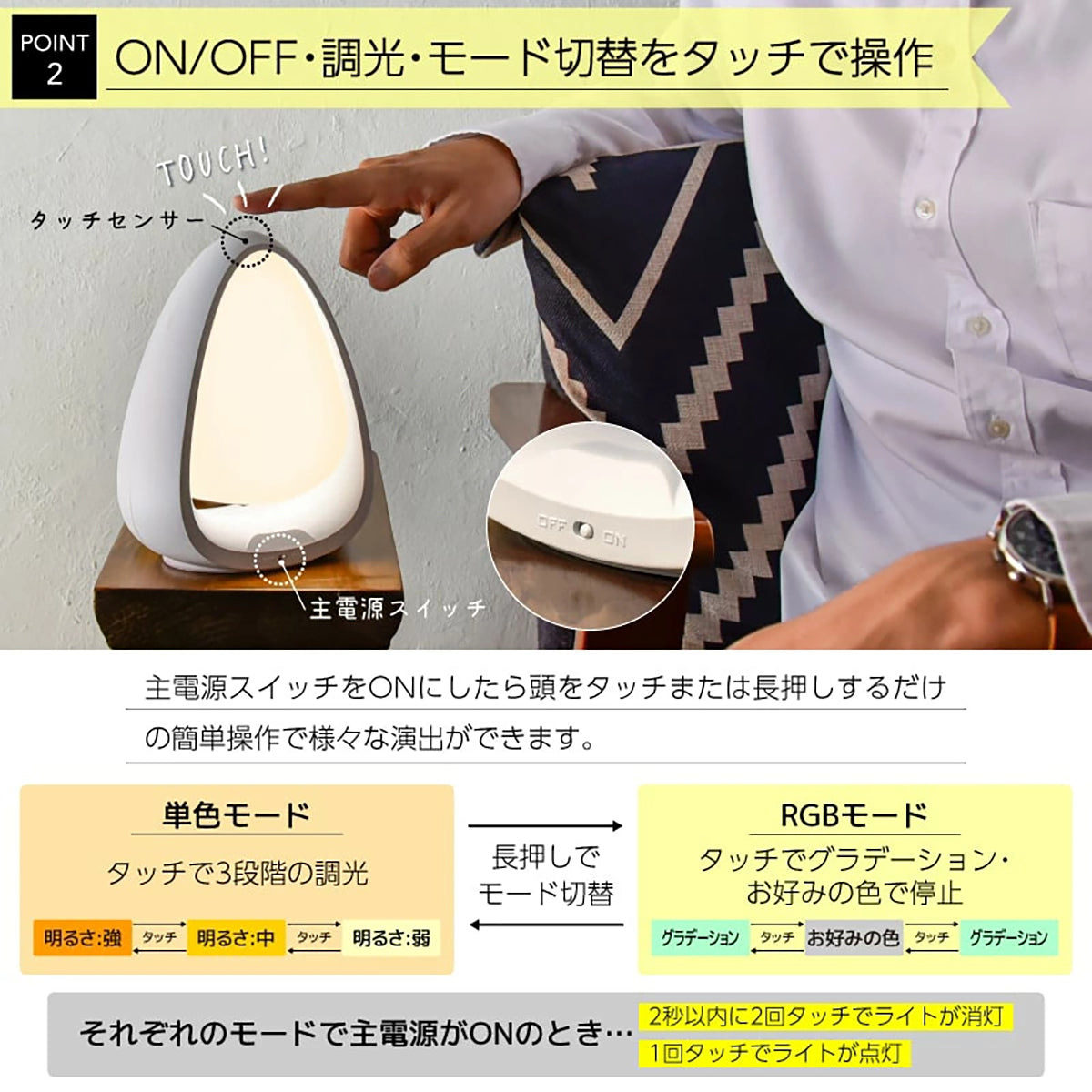 wasser LED充電式テーブルランプ 3段階調光＆RGB グラデーション 北欧デザイン ナイトライト M ホワイト