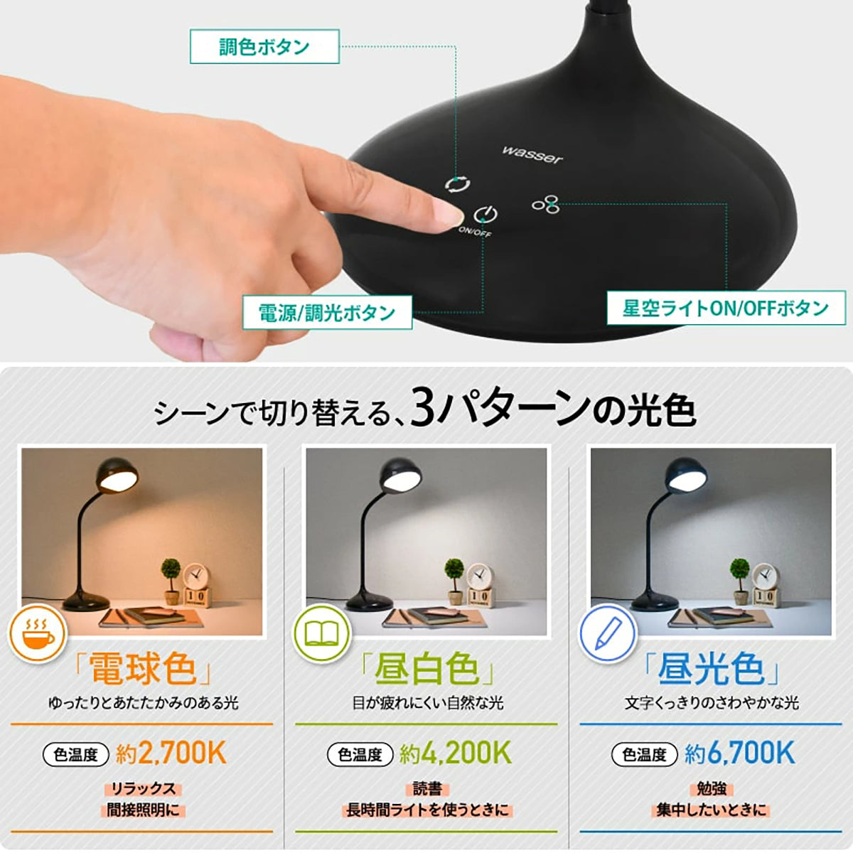 wasser 星空が灯るLEDデスクライト プラネタリウム投影・3色調色・USB給電 ブラック