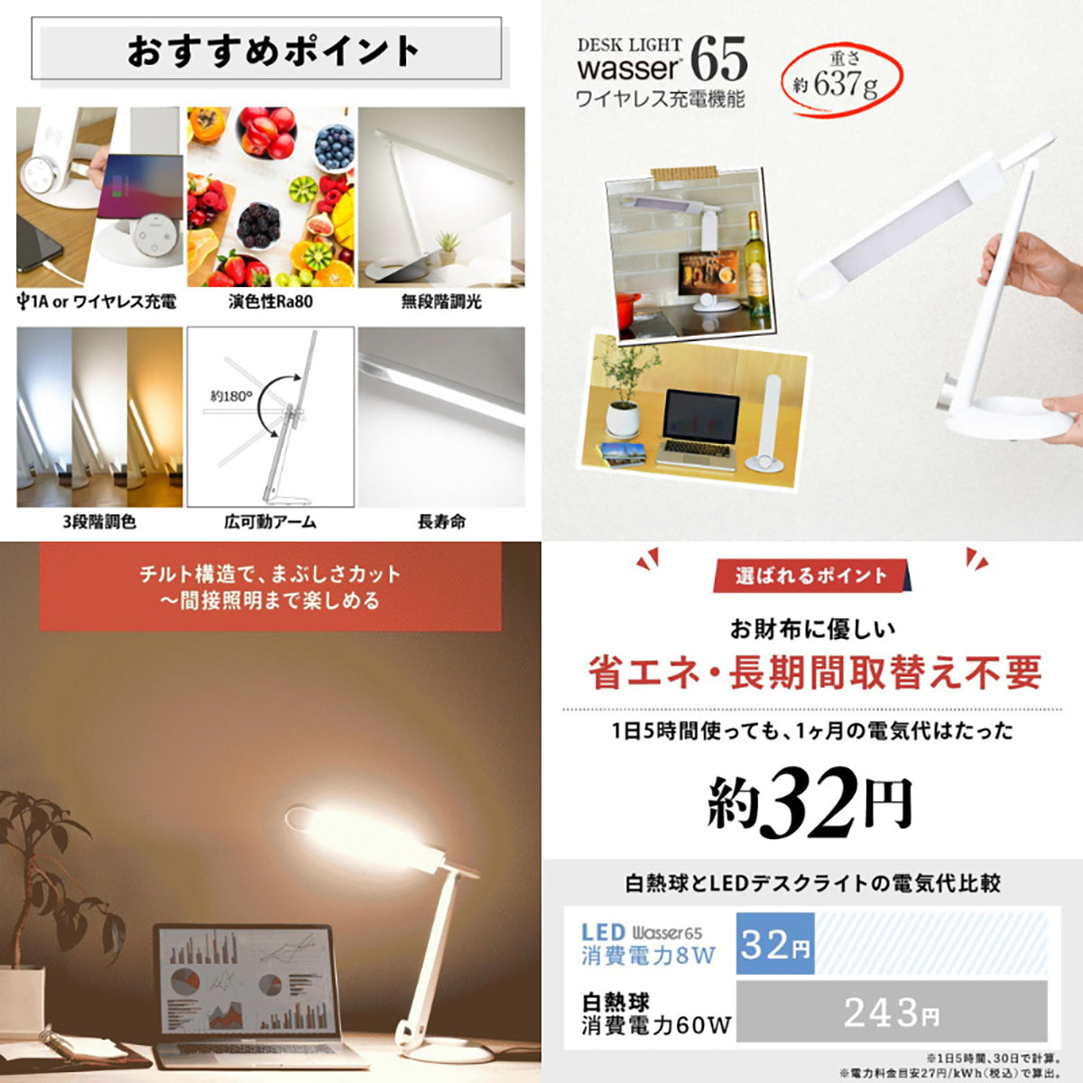 wasser ワイヤレス充電一体型 LEDデスクライト 超ロングアーム・650lm高照度 ホワイト