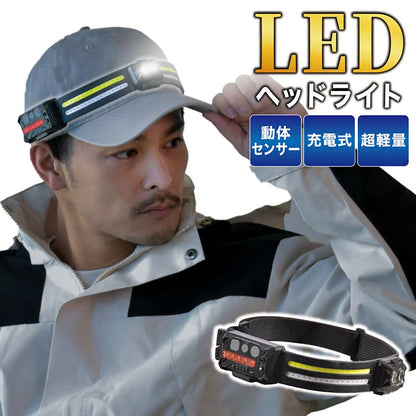 充電式マルチヘッドライト LEDライト 充電式 ヘッドライト 軽量 ヘッドランプ センサーライト ハンズフリー 作業用 アウトドア 災害対策 停電対策 非常用 夜間作業 釣り 農作業 工事現場 首掛け ヘルメット対応 Type-C充電 角度調整 7パターン点灯 赤 白 緑 コンパクト 80g リチウムイオン電池 1200mAh