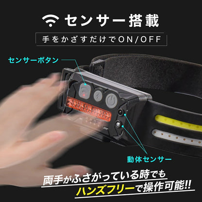 充電式マルチヘッドライト LEDライト 充電式 ヘッドライト 軽量 ヘッドランプ センサーライト ハンズフリー 作業用 アウトドア 災害対策 停電対策 非常用 夜間作業 釣り 農作業 工事現場 首掛け ヘルメット対応 Type-C充電 角度調整 7パターン点灯 赤 白 緑 コンパクト 80g リチウムイオン電池 1200mAh