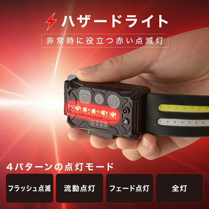 充電式マルチヘッドライト LEDライト 充電式 ヘッドライト 軽量 ヘッドランプ センサーライト ハンズフリー 作業用 アウトドア 災害対策 停電対策 非常用 夜間作業 釣り 農作業 工事現場 首掛け ヘルメット対応 Type-C充電 角度調整 7パターン点灯 赤 白 緑 コンパクト 80g リチウムイオン電池 1200mAh