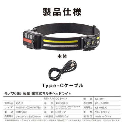 充電式マルチヘッドライト LEDライト 充電式 ヘッドライト 軽量 ヘッドランプ センサーライト ハンズフリー 作業用 アウトドア 災害対策 停電対策 非常用 夜間作業 釣り 農作業 工事現場 首掛け ヘルメット対応 Type-C充電 角度調整 7パターン点灯 赤 白 緑 コンパクト 80g リチウムイオン電池 1200mAh