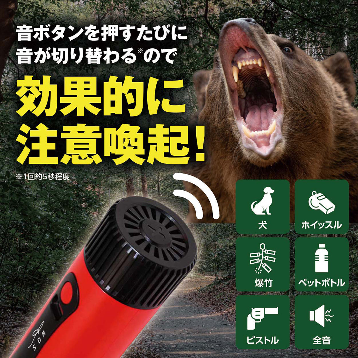多機能熊よけLEDアラート 120dB警告音 5種サウンド 点滅ライト USB充電式 登山/キャンプの安全対策に