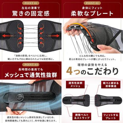 pwdr008 骨盤サポーター 8滑車固定 腰ベルト 通気メッシュ ダブル調整 S/M/L/XL