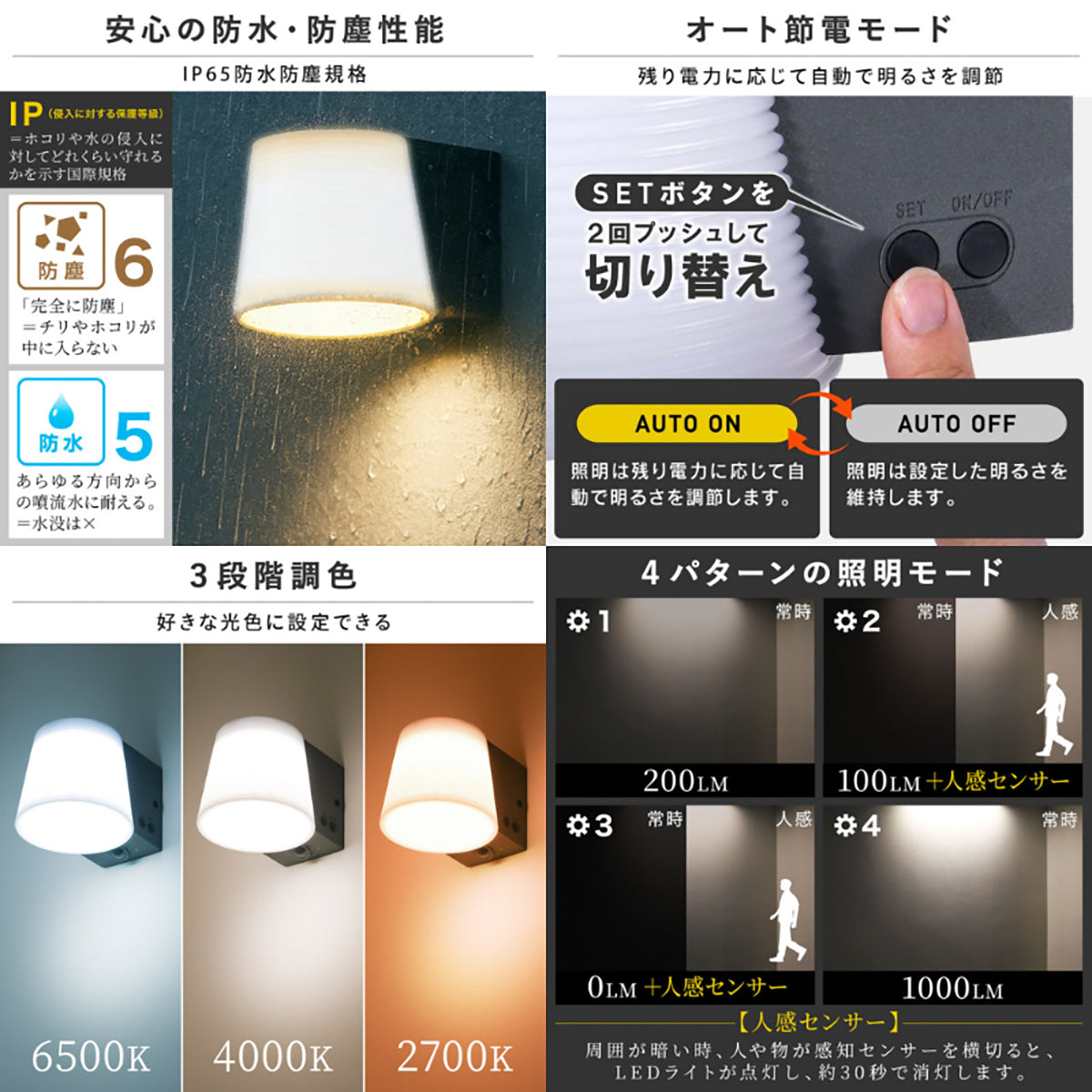 wasst309 ソーラー人感センサーライト 1000lm IP65防水 3段階調色 バッテリー交換式 屋外対応 ブラック