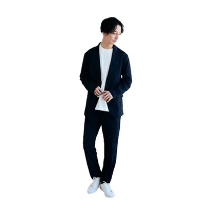 ALLESTサステナブル春夏スーツ ネイビー M/L/XL 植物由来スーツ 次世代スーツ 高伸縮スーツ 360度ストレッチ パジャマ感覚 シルクタッチ 究極の肌触り 軽量スーツ パッカブルスーツ コンパクト収納 モバイルスーツ 出張スーツ 旅行スーツ 洗えるスーツ 家庭洗濯可能 シワになりにくい 速乾 吸湿速乾 通気性 紫外線カット UVカット98％ 貝ボタン エコ素材 とうもろこし由来 Sorona PTT ビジネスカジュアル フォーマル カジュアル兼用