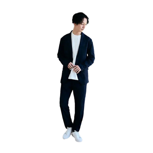 ALLESTサステナブル春夏スーツ ネイビー M/L/XL 植物由来スーツ 次世代スーツ 高伸縮スーツ 360度ストレッチ パジャマ感覚 シルクタッチ 究極の肌触り 軽量スーツ パッカブルスーツ コンパクト収納 モバイルスーツ 出張スーツ 旅行スーツ 洗えるスーツ 家庭洗濯可能 シワになりにくい 速乾 吸湿速乾 通気性 紫外線カット UVカット98％ 貝ボタン エコ素材 とうもろこし由来 Sorona PTT ビジネスカジュアル フォーマル カジュアル兼用