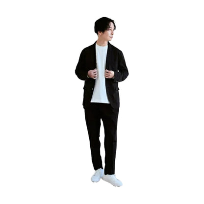 ALLESTサステナブル春夏スーツ ブラック XS/S/M/L/XL 植物由来スーツ 次世代スーツ 高伸縮スーツ 360度ストレッチ パジャマ感覚 シルクタッチ 究極の肌触り 軽量スーツ パッカブルスーツ コンパクト収納 モバイルスーツ 出張スーツ 旅行スーツ 洗えるスーツ 家庭洗濯可能 シワになりにくい 速乾 吸湿速乾 通気性 紫外線カット UVカット98％ 貝ボタン エコ素材 とうもろこし由来 Sorona PTT ビジネスカジュアル フォーマル カジュアル兼用