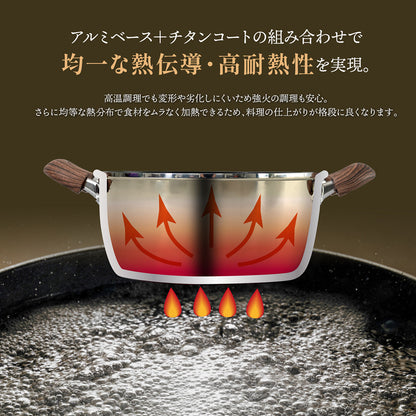TOKYO LM 両手鍋 ガラス蓋付き 26cm チタンコート×ふっ素加工 ガス火 IH対応 ふっ素樹脂加工 PFOA PFOS フリー 耐摩耗性試験75万回クリア