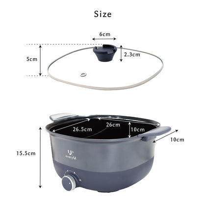 every U. 2色電気鍋 5L Enamellia Dura Coat (ガラス質セラミックコート) 温度調整3段階 2色鍋 仕切り鍋 2品同時調理 ガラス蓋付き 1人用 大人数用 鍋 火鍋 しゃぶしゃぶ 朝食 おでん すき焼き 寄せ鍋 麺類 (グレー)
