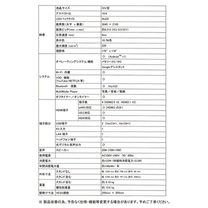 ５５インチ４Ｋ　チューナーレス　ＧｏｏｇｌｅＴＶ