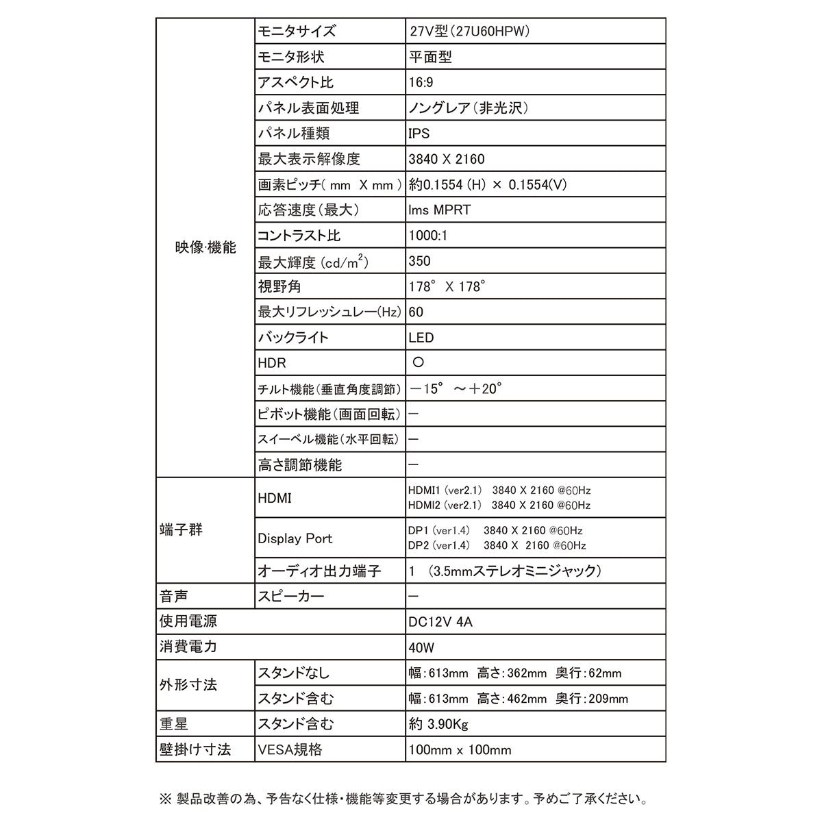 ２７インチ　４Ｋ６０Ｈｚゲーミングモニター