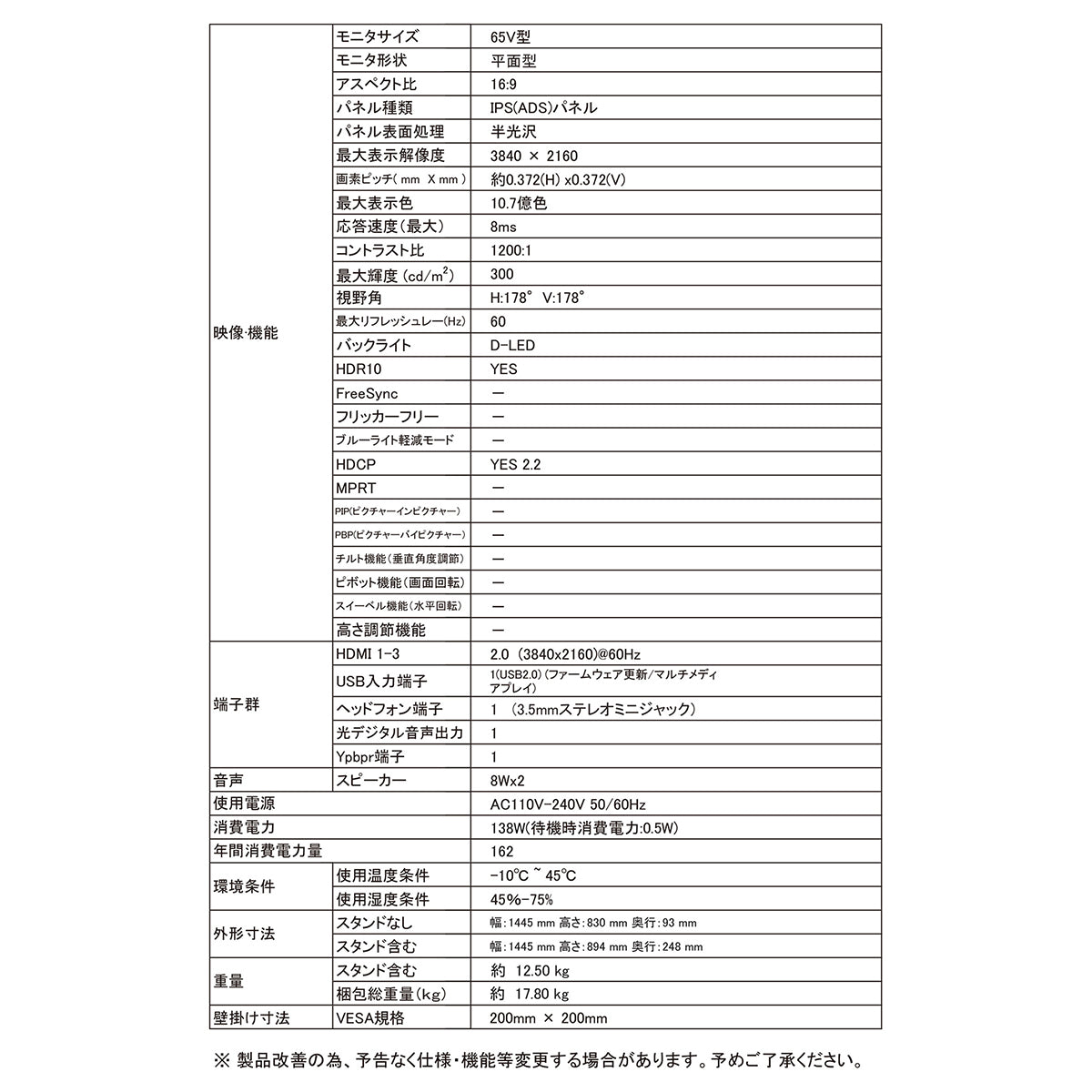 ６５インチ　４Ｋモニター　スピーカー付