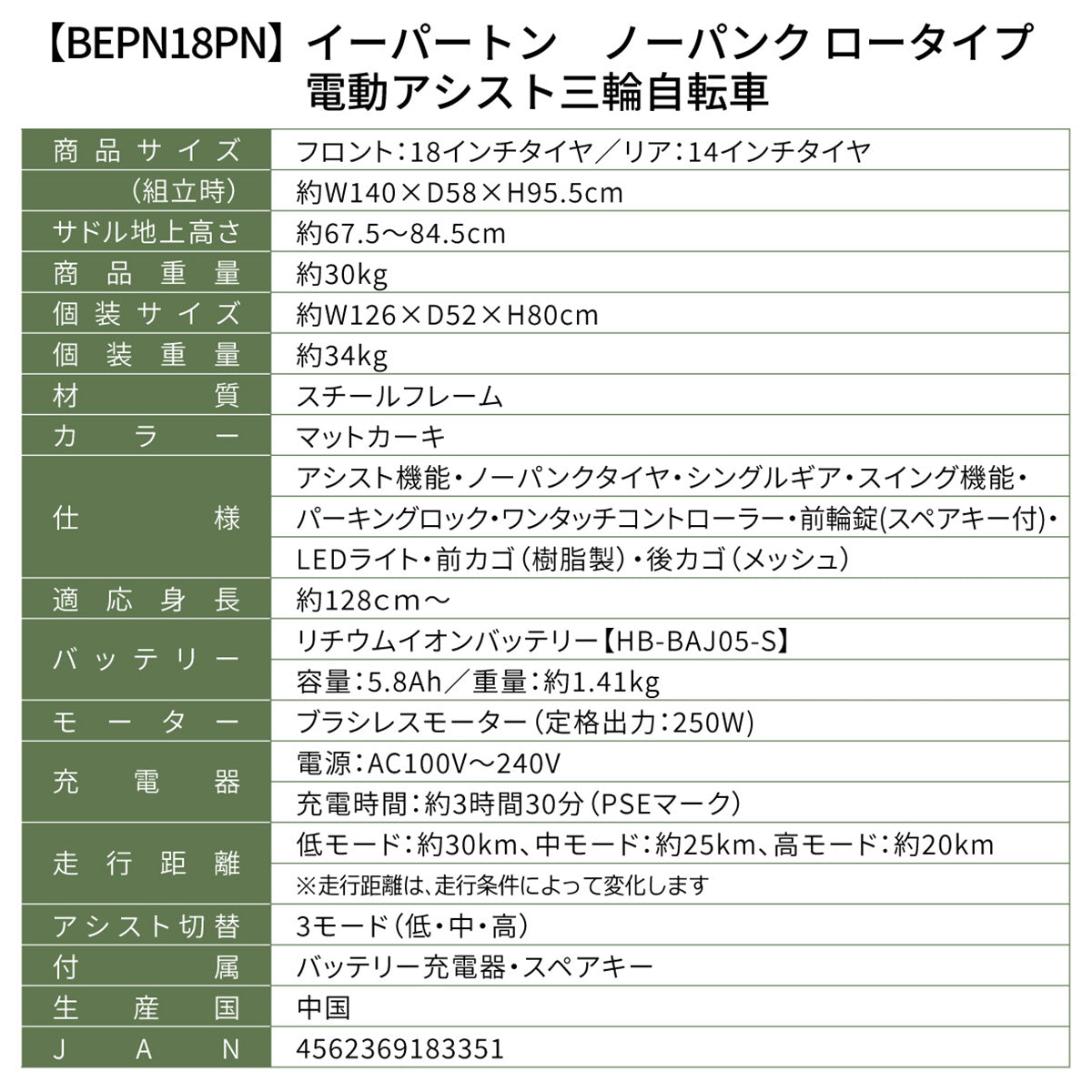 E-PARTON PLUS（イーパートン プラス） ノーパンクロータイプ電動アシスト三輪自転車　マットカーキ　配送のみ/組立サービス付き(選択可能)