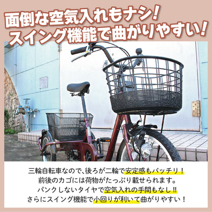 ACTIVE　PLUS(アクティブプラス)ノーパンク三輪自転車L　ワインレッド　配送のみ/組立サービス付き(選択可能)
