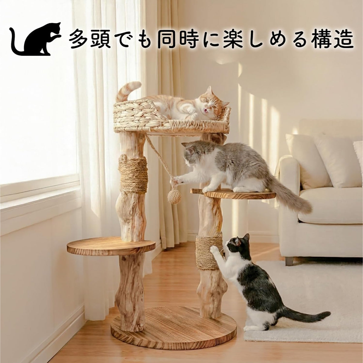 Harry Barker【天然木使用】キャットタワー Oscar 2段 70×40×70cm おしゃれ ラタン調 爪とぎ付き 据え置き型 コンパクト 猫タワー 室内用