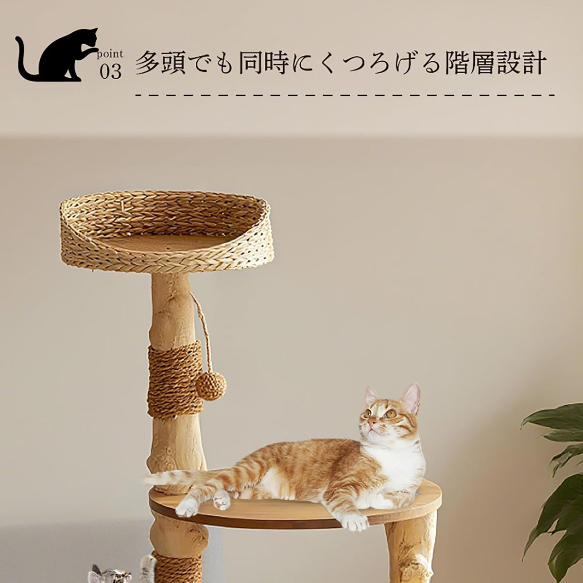 Harry Barker【天然木使用】キャットタワー Jasper 3段 78×52×135cm おしゃれ ラタン調 爪とぎ・ハウス付き 多頭飼い対応 据え置き型 猫タワー 室内用